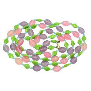 Hong Kong Pastel Beaded Necklace Green Pink Purple Blue Signed Vintage Jewelry